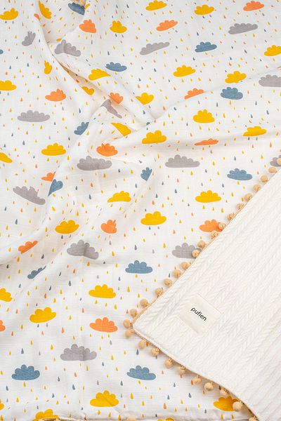 pufien 90 x 90 Pom-pom Patterned Double-Sided Muslin Baby Blanket, Multi-Purpose Knitted Muslin Cover & Blanket