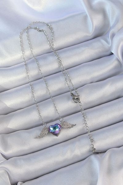 Store 316L Steel Chain Silver Color Blue Purple Zircon Stone Winged Heart Necklace