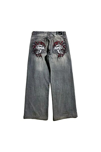 Pop Giyim Kurukafa Nakışlı Oldskull Baggy Kot Pantolon