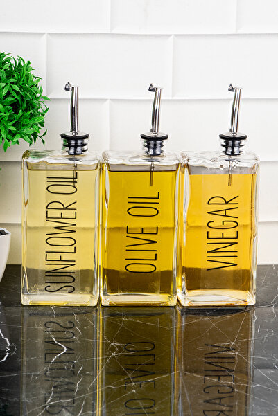 DNS HOME Set of 3 Luxury Glass Oil Pot with Leakproof Lid Sunflower Olive Oil Sauce Bowl with Vinegar Label 500 ml