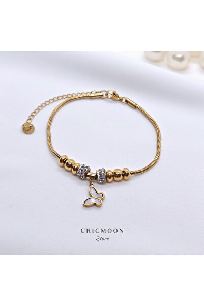 CHICMOON STORE Çelik Altın Rengi Taşlı Kelebekli Bileklik