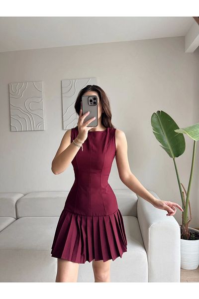 Zoom Butik Rochie plisată cu fustă ZR - BURGUNDY