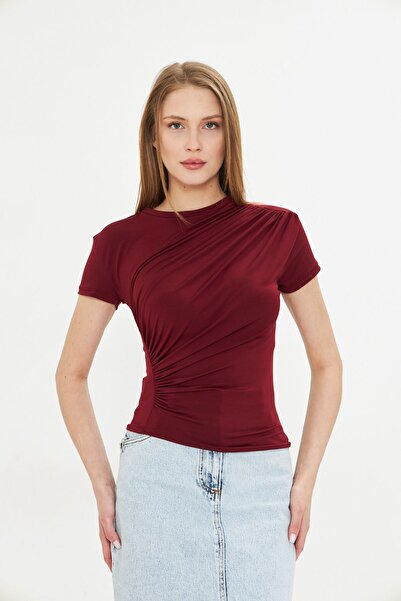 ALLEYTA Kadın Omuz ve Bel Drapeli Büzgülü Crop Bluz