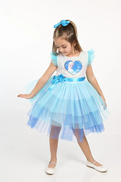 FURYATEX Elsa Elbise Pullu Tokalı Elsa Kostüm Tüllü Mavi Elsalı Doğum Günü Prenses Elbisesi