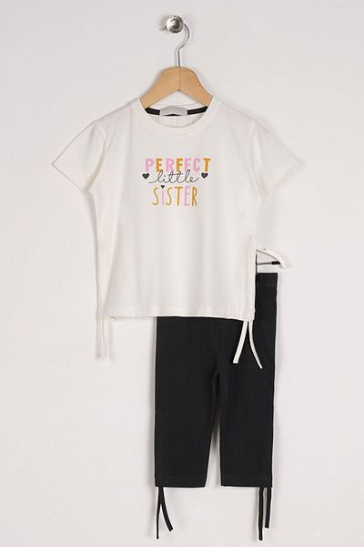 zepkids Crew Neck Short Sleeve Perfect Sister Printed Ecru Color Girl's Tights Set