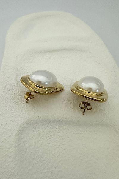 DELEIZA ACCESSORY Women's Gold Color Stainless Steel Oval Form Pearl Detailed Elegant Earrings
