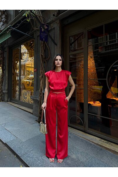 MODA Strivex Satin Pants and Crop Blouse Set