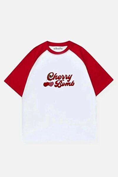 Bravebell Tricou roșu cu mânecă raglan Cherry Bomb cu mânecă scurtă