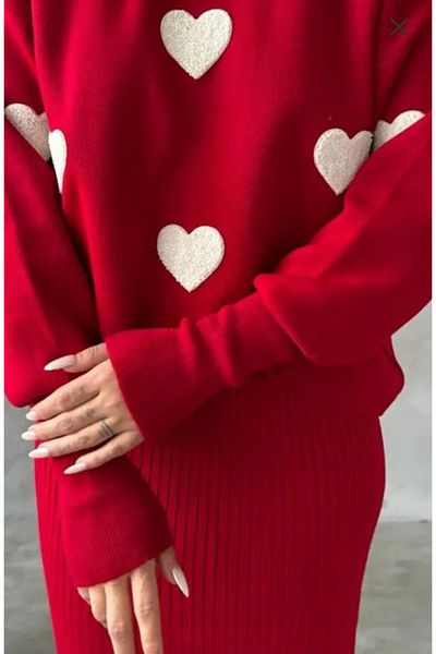 K-ODEA BUTİK Heart Patterned Women's Knitwear Suit Gilet Dress