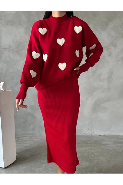 K-ODEA BUTİK Heart Patterned Women's Knitwear Suit Gilet Dress