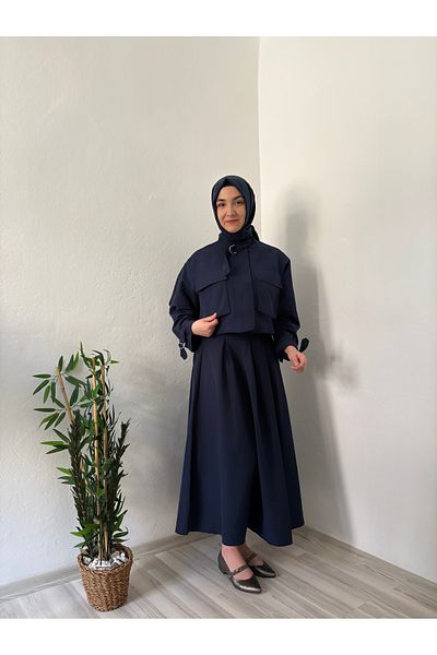 Marjita Hijab Gabardine Fabric Trench Zippered Jacket Skirt Set