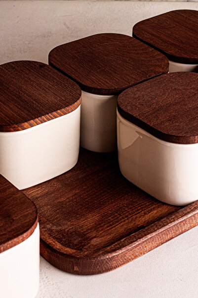 Snippy Luma Beyaz - Dikdörtgen Tepsili 6'lı Ahşap Vakumlu Kapaklı Seramik Kahvaltılık Kase Çerezlik 300 ml