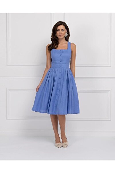 janbely Mavi Keten Elbise