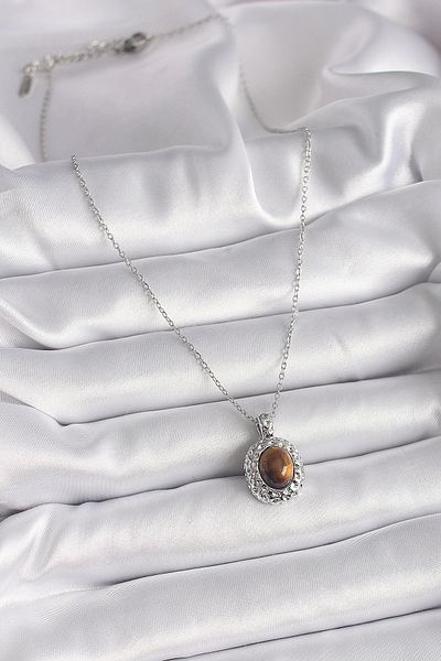Store 316L Steel Silver Color Chain Amber Bead Model Women's Necklace