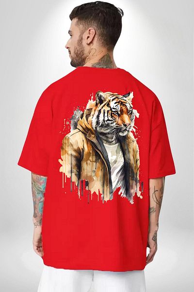 Soufeel Cool Tiger with Leather Jacket Women Men Front Minimal Back Printed Red Cotton T-Shirt