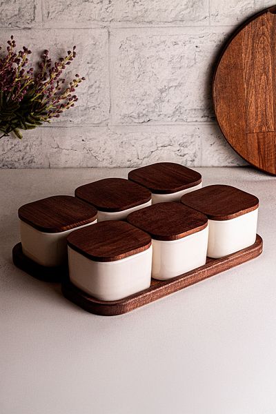 Snippy Luma White - Wooden Vacuum Lid Ceramic Breakfast Bowl Snack Bowl with 8 Piece Tray 300 ml
