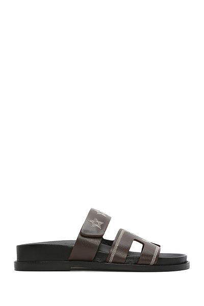 Derimod Women's Brown Striped Patterned Leather Slippers 25Sfd 230018