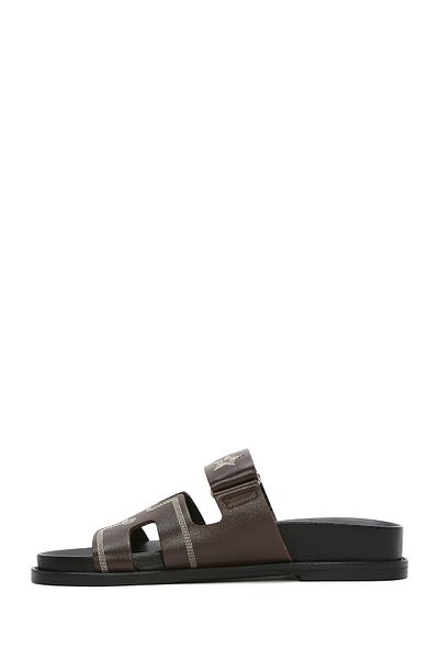 Derimod Women's Brown Striped Patterned Leather Slippers 25Sfd 230018