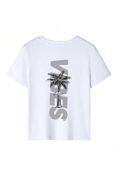 vinraus Fată/Băiat Alb VIBES Tricou imprimat pe spate și față cu palmier