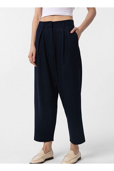 Antioch Navy Blue Pleated Soft Ankle Length Women's Trousers