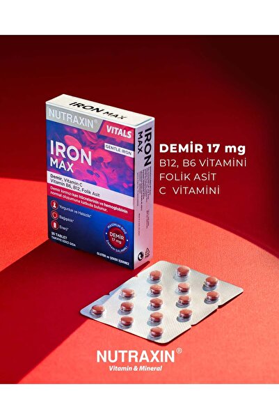 Nutraxin Iron Max 17 Mg 30 Tablet, 4 'lü Set - Demir, C Vitamini, B6 Vitamini, Folik Asit, B12