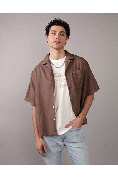 AMERICAN EAGLE قميص AE Poolside من مزيج الكتان بأزرار