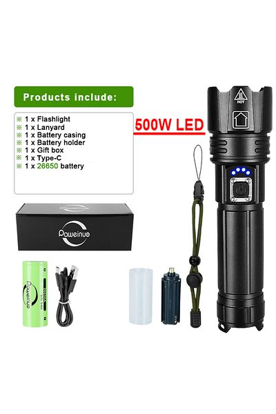 paweinuo 500W pack-A Most Powerful LED Flashlight Rechargeable Torch Lighting 3000M Tactical Lantern Ultra Po