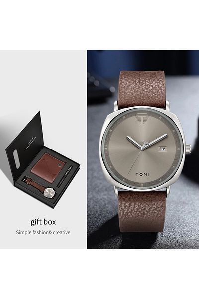 Choice Brown Silver TOMI 3PCS Simple Business Men Watch Wallet Gift Box Set High Quality Classic Versatile