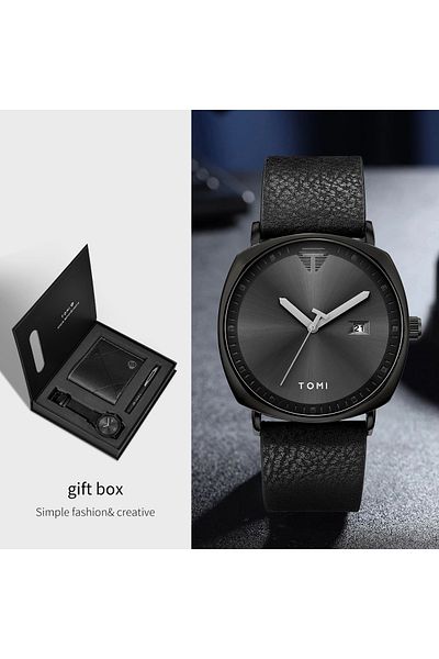 Choice All Black Tomi 3pcs Simple Business Men Watch Wallet Gift Box Set High Quality Classic Versatile Men