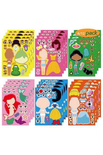 Choice 12PCS 6/12Sheets Cute Disney Princess Puzzle Stickers Children Game Make-a-Face Assemble Jigsaw Scra