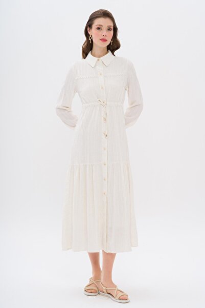 Olcay Λεπτομερές φόρεμα με συγκεντρωμένη μέση - ECRU 9324-E