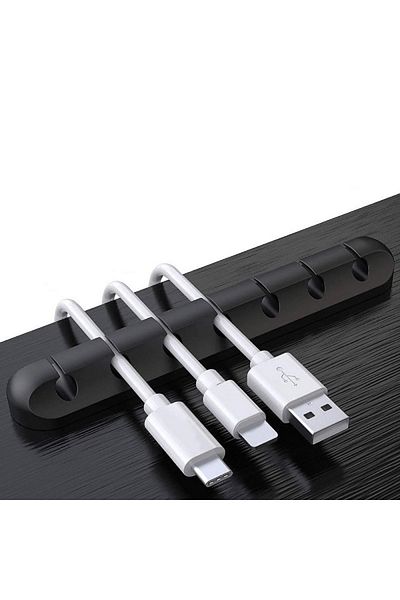 Choice منظم كابلات USB من السيليكون الأسود مزود بـ 7 منافذ، لفاف الكابل، مشابك إدارة سطح المكتب، حامل الكابلات