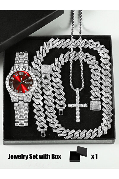 Choice مجموعة ساعات كوارتز حمراء مقاس 50 سم مع علبة هدايا وقلادة كوبية وسوار ...