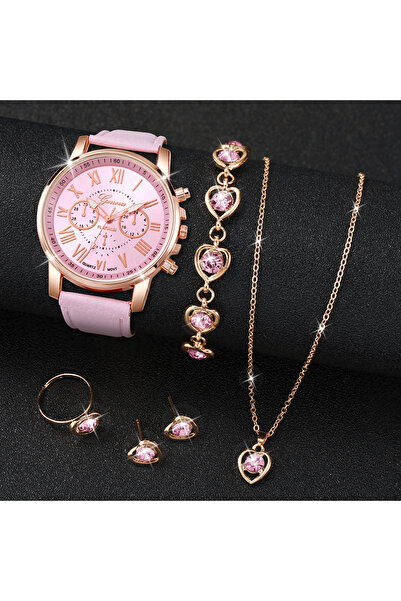Choice pink 5pcs kit 5PCS/Set Fashion Women Watch Rhinestone Heart Jewelry Set Geneva Watch Casual Leather
