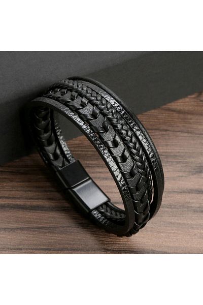 Choice 21CM Black Fashion Jewelry Men's Multi -Layer Leather Rope Woven Bracelet Leather Rope Bracelet Magn