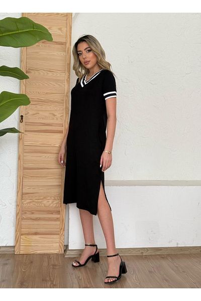 Gökyüzü Moda Women's Short Sleeve V-Neck Sleeve And Collar Rib Detail Midi Length Viscose Dress