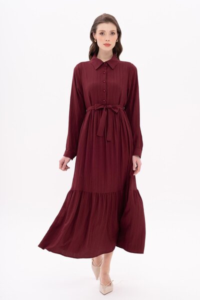 Olcay Shirt Collar Gather Detailed Dress Bordo 9325-E