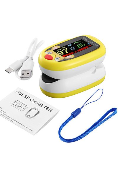 Justlang Yellow Rechargeable Child Finger Pulse Oximeter TFT Display Strap Lanyard Blood Oxygen Saturation Me
