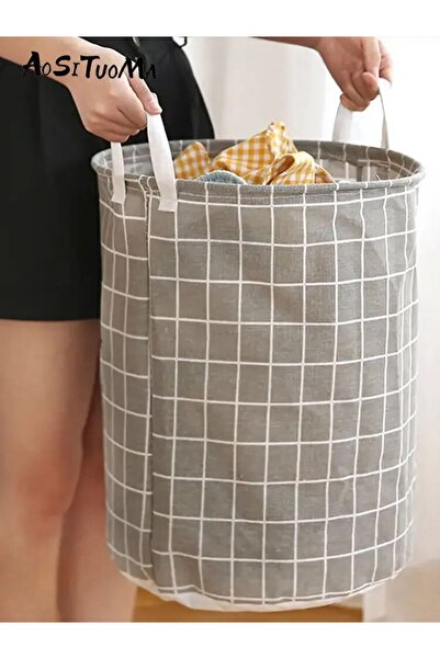 Choice1 Gray Household Dirty Clothes Basket Toy Storage Bucket Plaid Fabric C...
