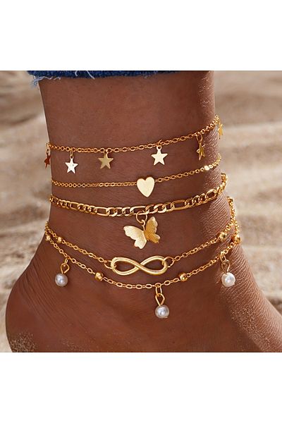 Choice set 4pcs Multi-layer Butterfly Pearl Anklet Fashion High-end Stackable Thin Chain Anklet Set