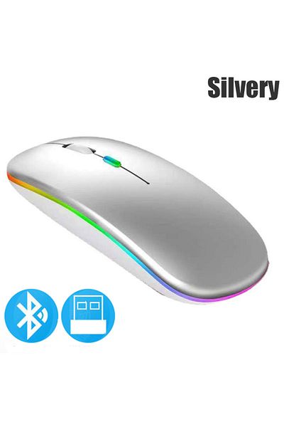 Choice 2.4G BT Silver Wireless Mouse Bluetooth compatible 2.4GHz 1600DPI USB Rechargeable RGB Light Portabl
