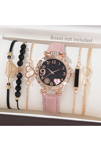 Choice Pink 6PCS Set Watch For Women Luxury Leather Analog Ladies Quartz Wrist Watch Fashion Bracelet Watch