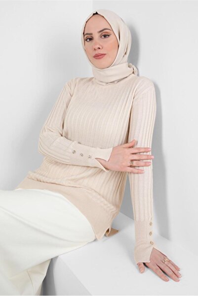 Alvina Tricotaj Pulover Button Detaliat - 44073-1