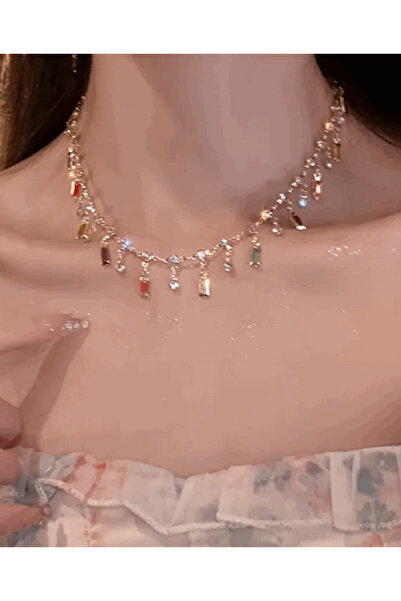 modares Renkli taşlı sallantılı zincir kolye - Geometrik Zirkon Taşlı Kolye