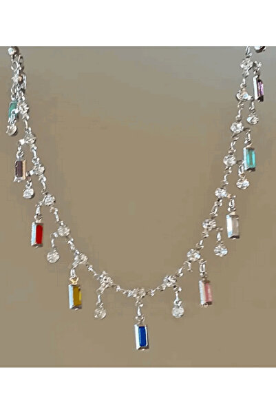 modares Renkli taşlı sallantılı zincir kolye - Geometrik Zirkon Taşlı Kolye