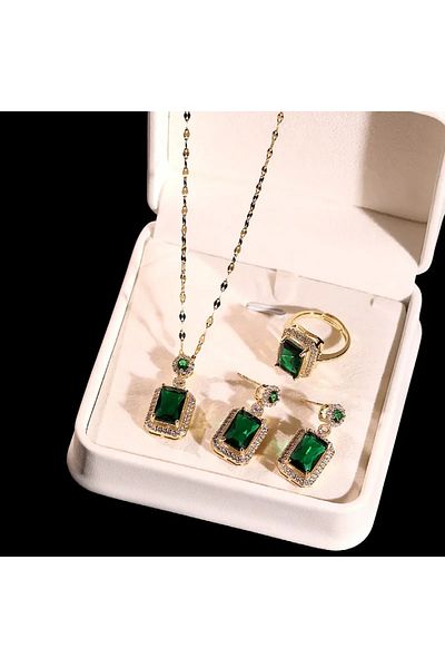 modares Zircon Stone Stylish Rectangular Design Gift for Lover Necklace Earrings Adjustable Ring Set