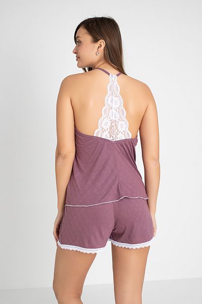 DONEX Lace Detailed Jacquard Rope Strap Shorts Pajamas Set
