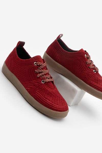 Marjin Women's Sneaker Embroidered Embroidered Colorful Lace-Up Sports Shoes Valgin Claret Red