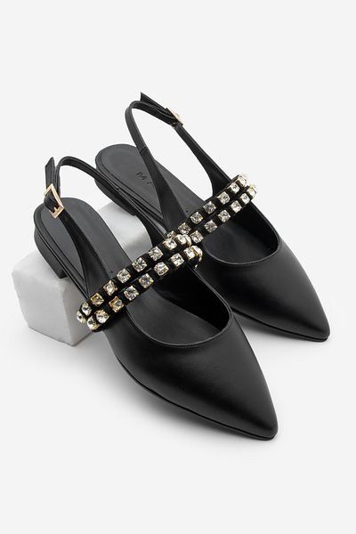 Marjin Damen-Ballerinas mit spitzer Zehenpartie, Steinband, offener Rücken, Schal, Schwarz
