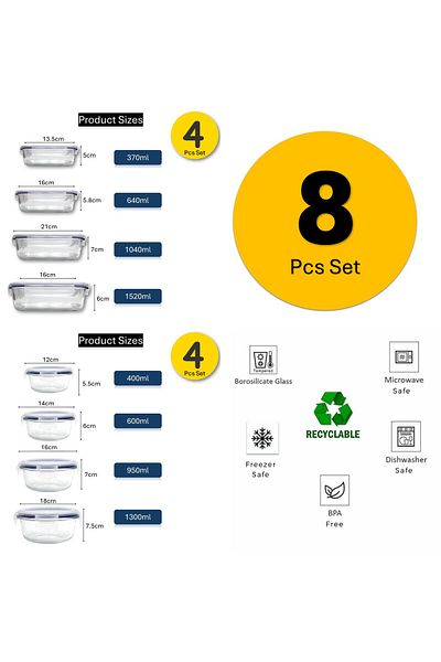 Auroware 8 Pack of Glass Containers with Leak Proof Airtight Lid, BPA Free, Microwave Freezer Safe